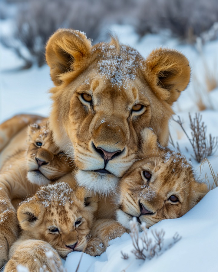 A lioness and cubs in snow